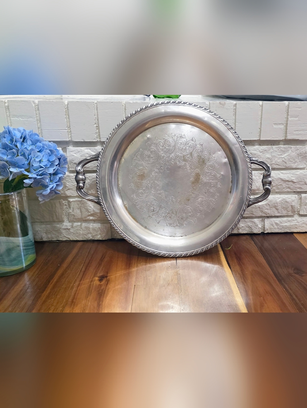 Vintage WM. Rogers Victorian silverplated serving tray with twin handles.